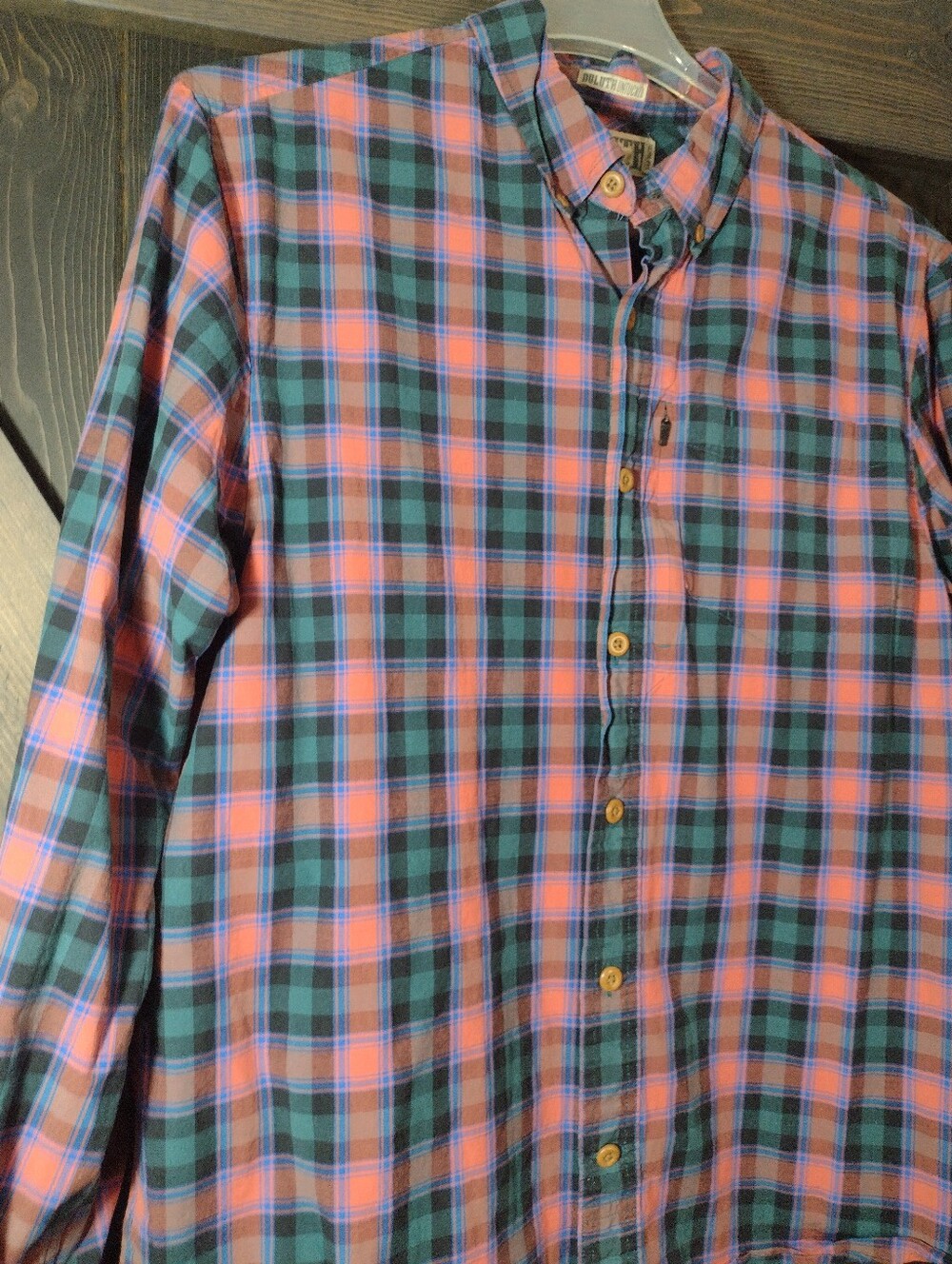 Duluth Trading For Men's Plaid Button-Down Shirt - Coral & Teal Size L Slim Fit